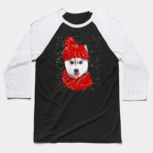 Husky Wearing Red Hat And Scarf In Snow Christmas Baseball T-Shirt